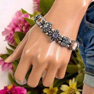 Vintage Victorian Sterling Silver Revival Slide Charm Bracelet w/ Travel Bag